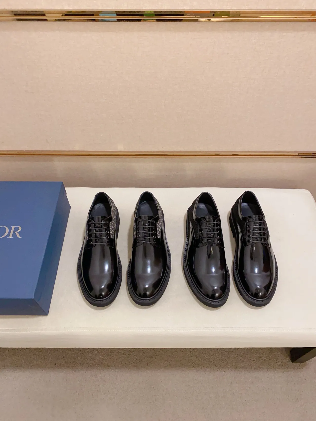 Dior Black Beige Polished Leather Oblique Monogram Side Panel Oxford Shoes 2