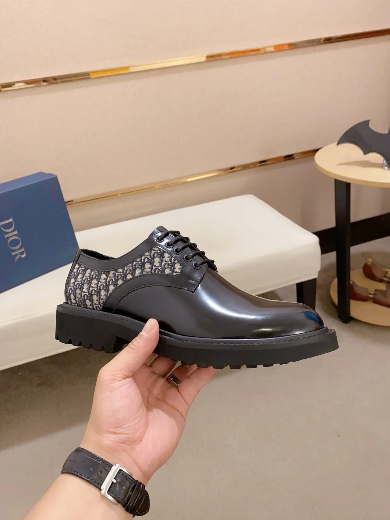Dior Black Beige Polished Leather Oblique Monogram Side Panel Oxford Shoes 4