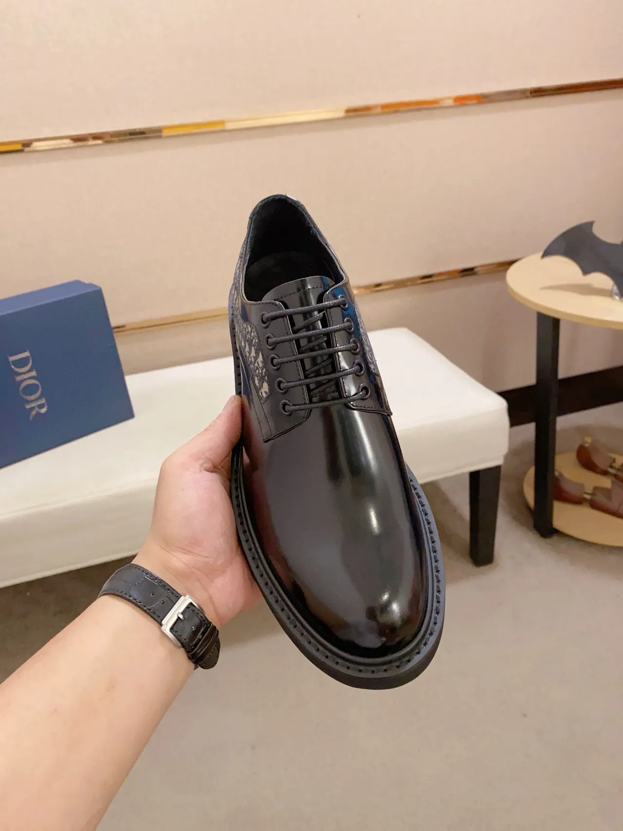Dior Black Beige Polished Leather Oblique Monogram Side Panel Oxford Shoes 5