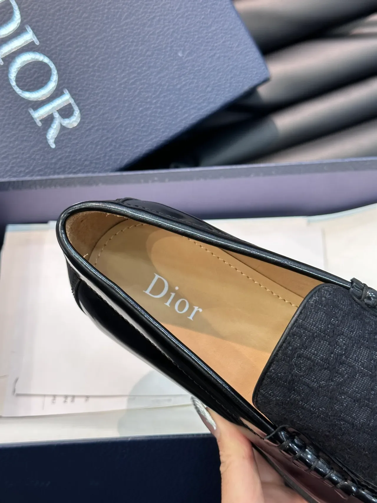 Dior Black Gray Patent Leather Trim Textured Fabric Vamp Loafer 3