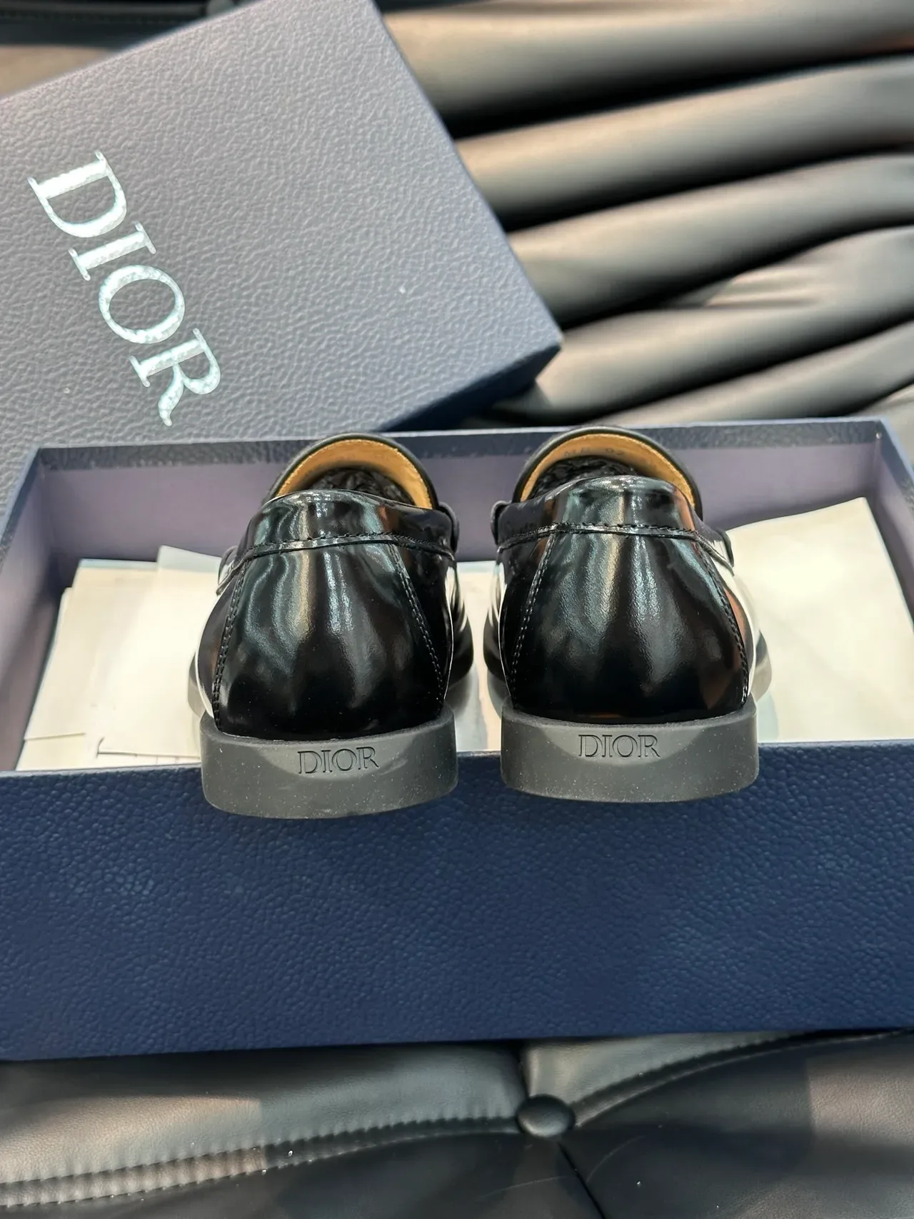 Dior Black Gray Patent Leather Trim Textured Fabric Vamp Loafer 4