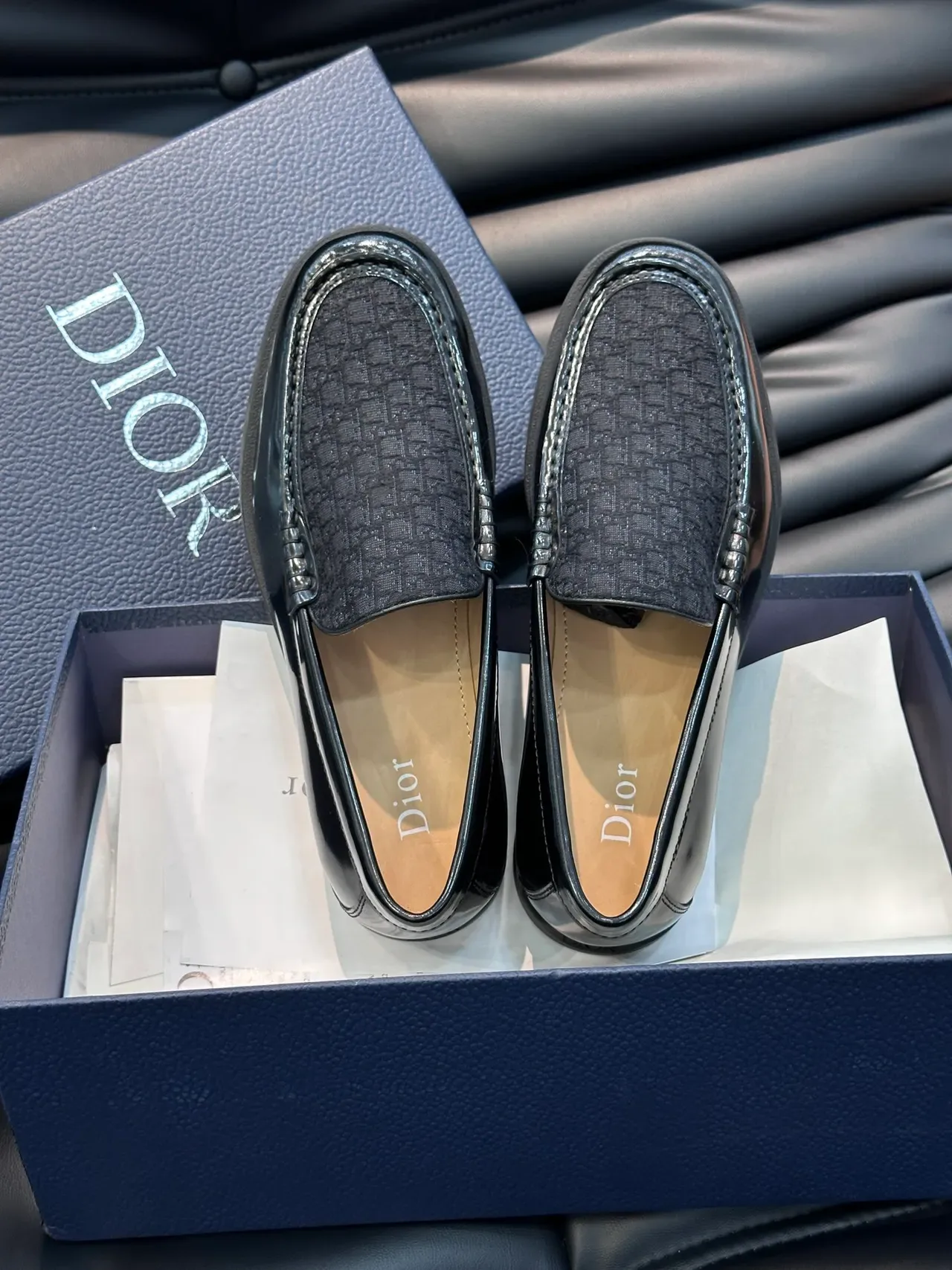 Dior Black Gray Patent Leather Trim Textured Fabric Vamp Loafer 5