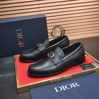 Dior Black Navy Pebbled Leather Metal CD Buckle Loafer