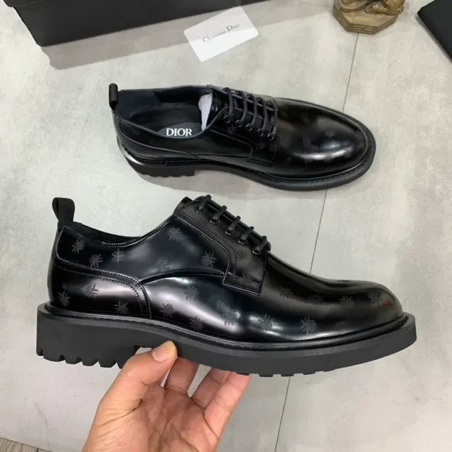 Dior Black Patent-Effect Leather Tonal Bee Motif Print Oxford Shoes 4