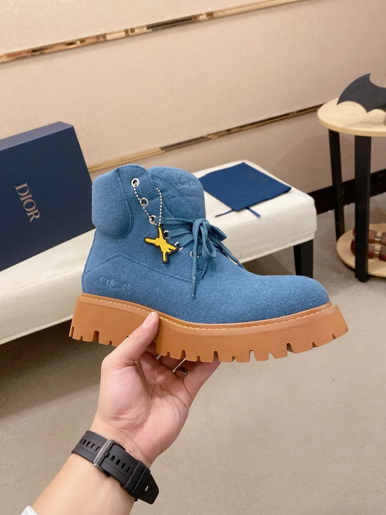 Dior Blue Brown Felt Upper Chunky Lug Sole Work Boots 5