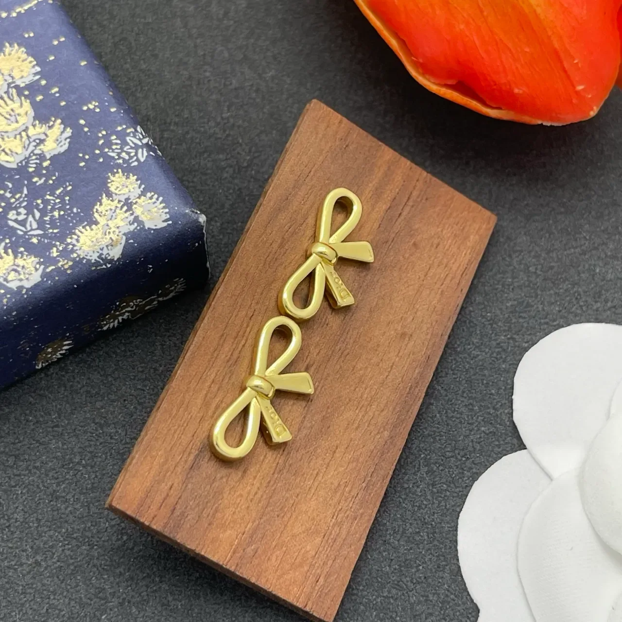 Dior Bow Gold-Tone Engraved Logo Earrings 5