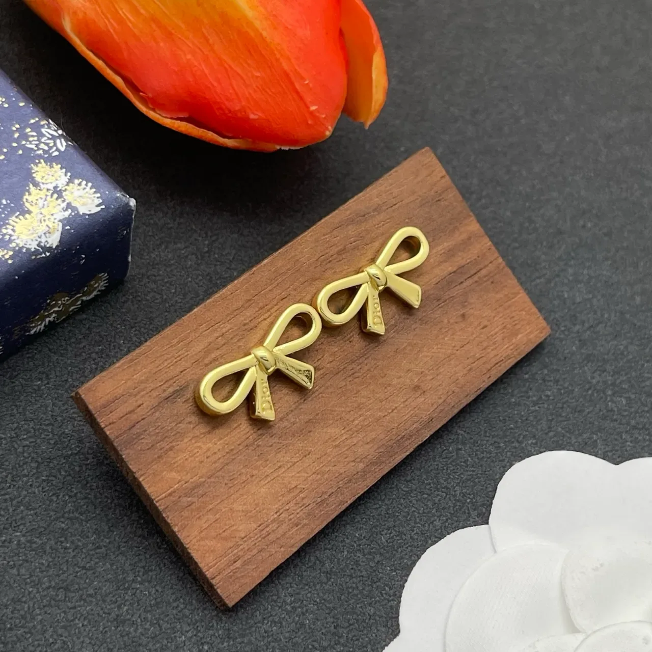 Dior Bow Gold-Tone Engraved Logo Earrings 7