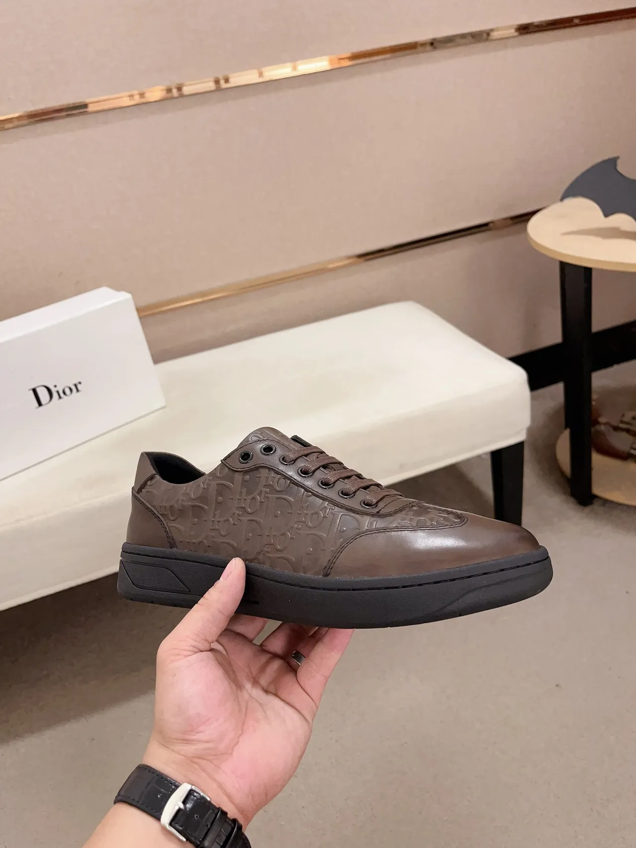 Dior Brown Black Monogrammed Leather Upper Tonal Lacing System Lifestyle Sneakers 5