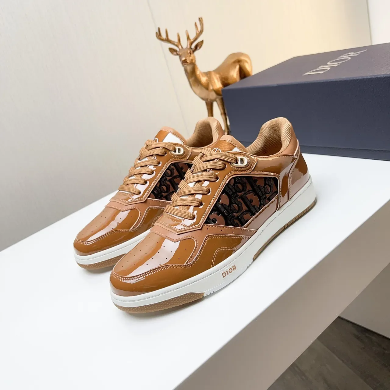 Dior Brown White Patent Leather Monogram Panel Sneakers 3
