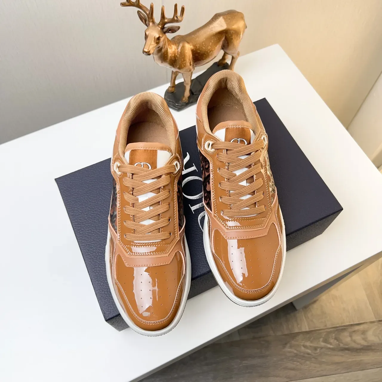 Dior Brown White Patent Leather Monogram Panel Sneakers 6