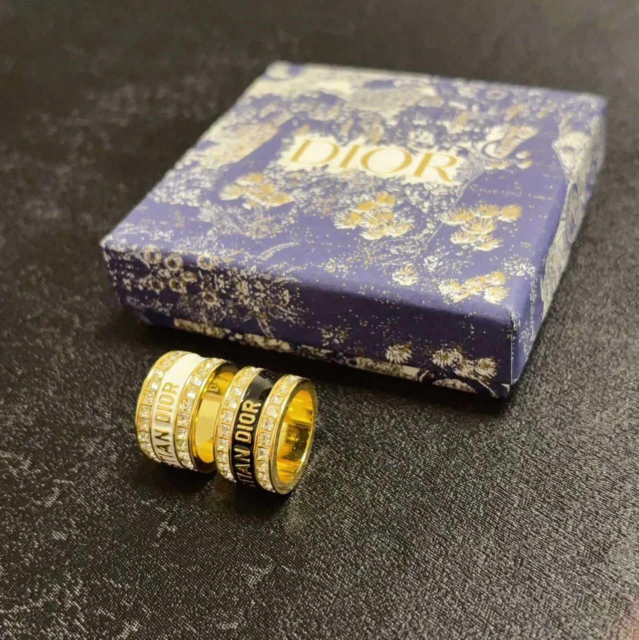 Dior CD Icon Gold Black Wide Band Engraved Lettering Ring 6