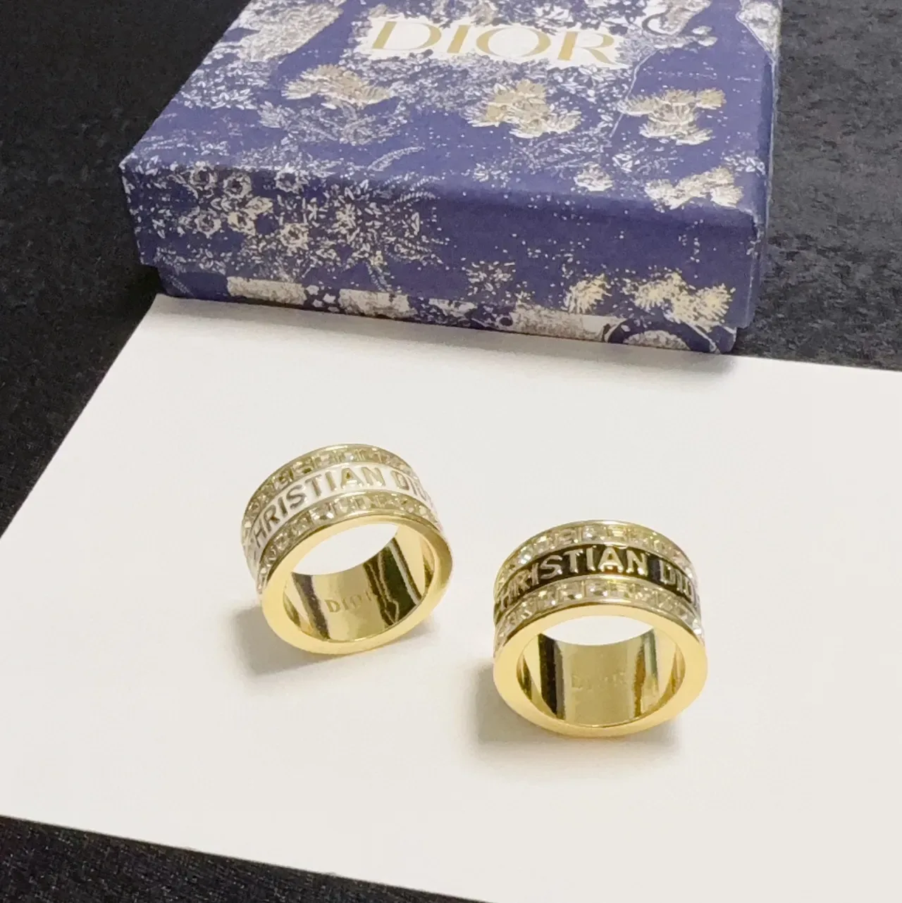 Dior CD Icon Gold Black Wide Band Engraved Lettering Ring 7