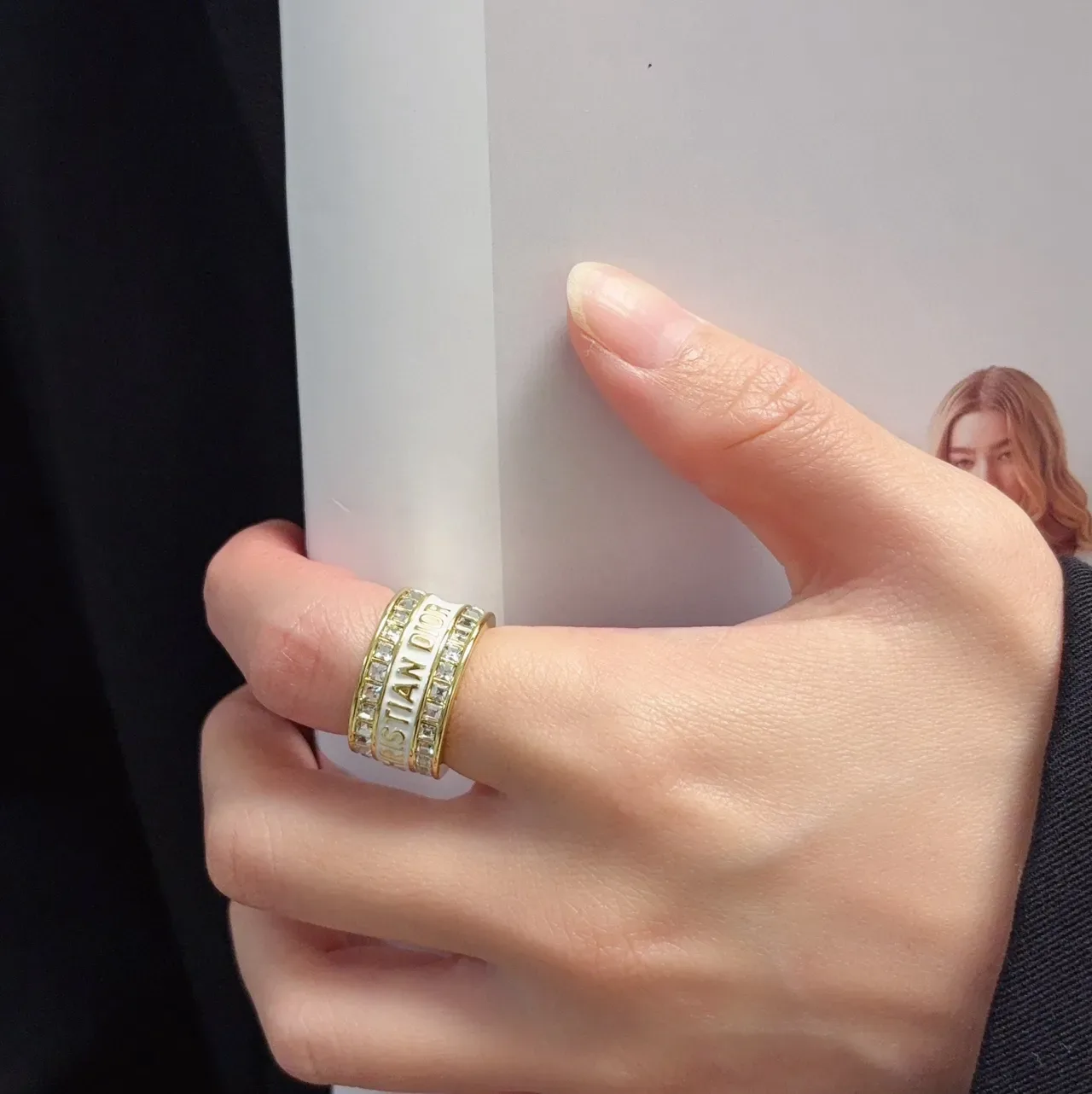 Dior CD Icon Gold Black Wide Band Engraved Lettering Ring 8