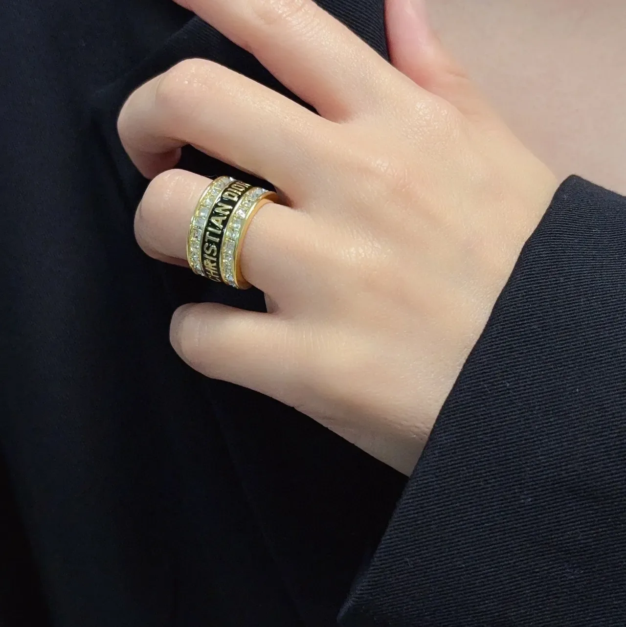 Dior CD Icon Gold Black Wide Band Engraved Lettering Ring 9