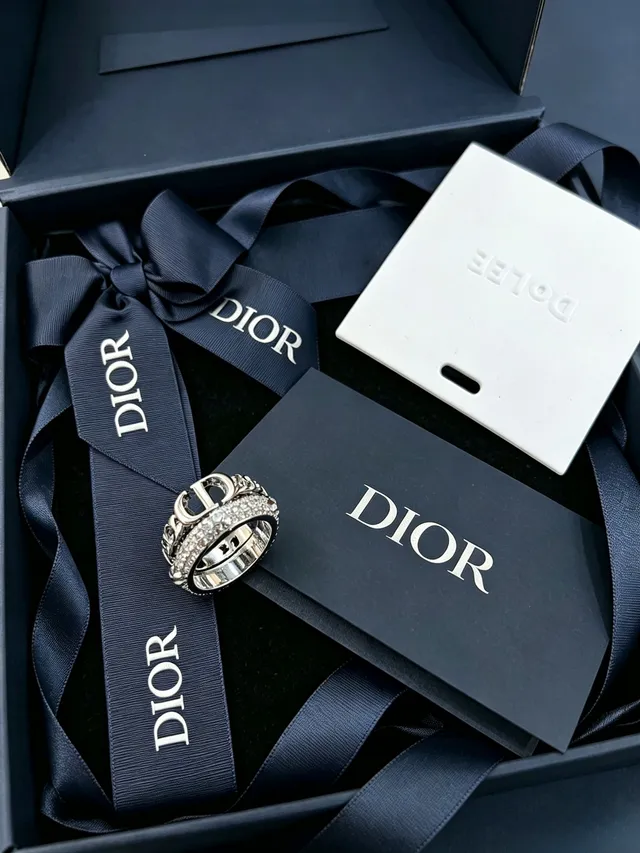 Dior CD Logo Ring Silver Navy Interlocking Pavé Crystal Band Ring 3