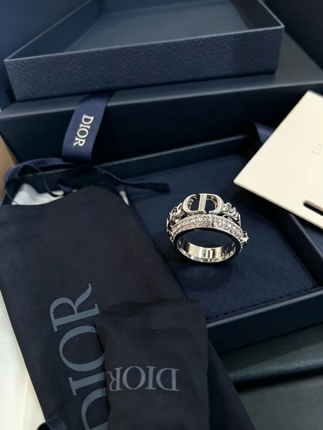 Dior CD Logo Ring Silver Navy Interlocking Pavé Crystal Band Ring 4