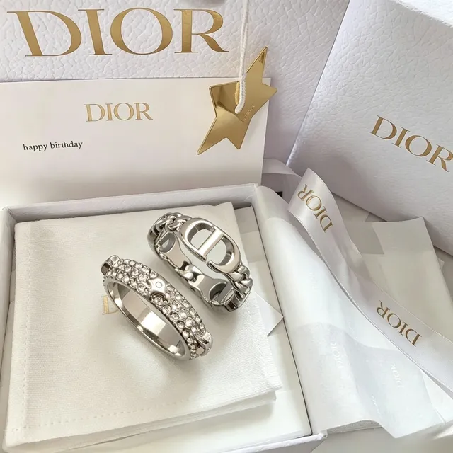 Dior CD Logo Ring Silver Navy Interlocking Pavé Crystal Band Ring 7