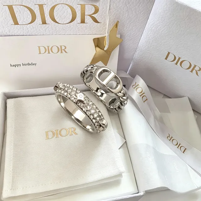 Dior CD Logo Ring Silver Navy Interlocking Pavé Crystal Band Ring 8