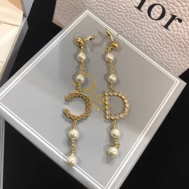 Dior CD Monogram Crystal and Pearl Drop Earrings 2