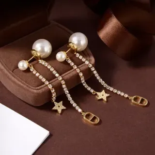 Boucles d'oreilles Dior Double Perle Chaîne Cristal Charm Étoile