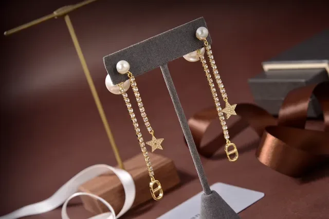 Dior Double Pearl Crystal Chain Star Charm Earrings 6