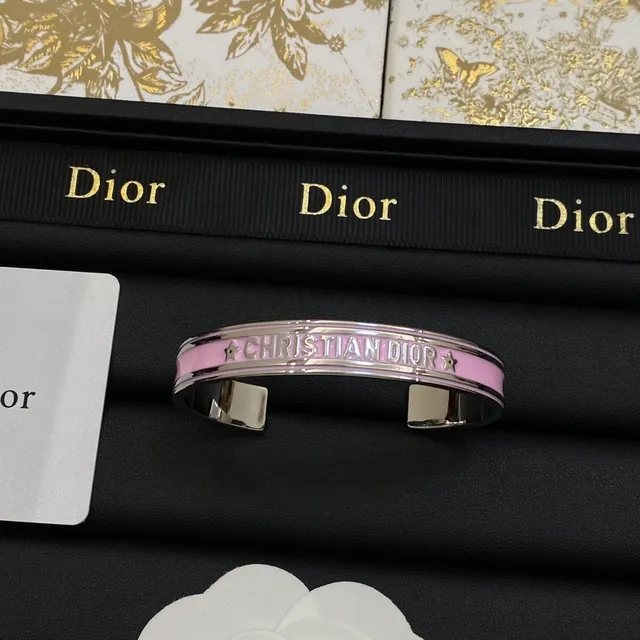Dior Engraved Star Pink Enamel Cuff Bracelet 4