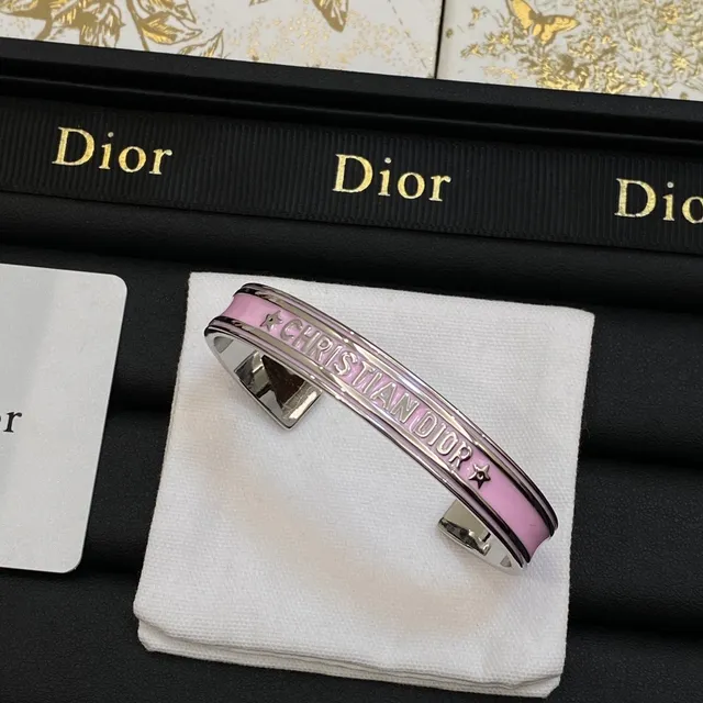 Dior Engraved Star Pink Enamel Cuff Bracelet 5