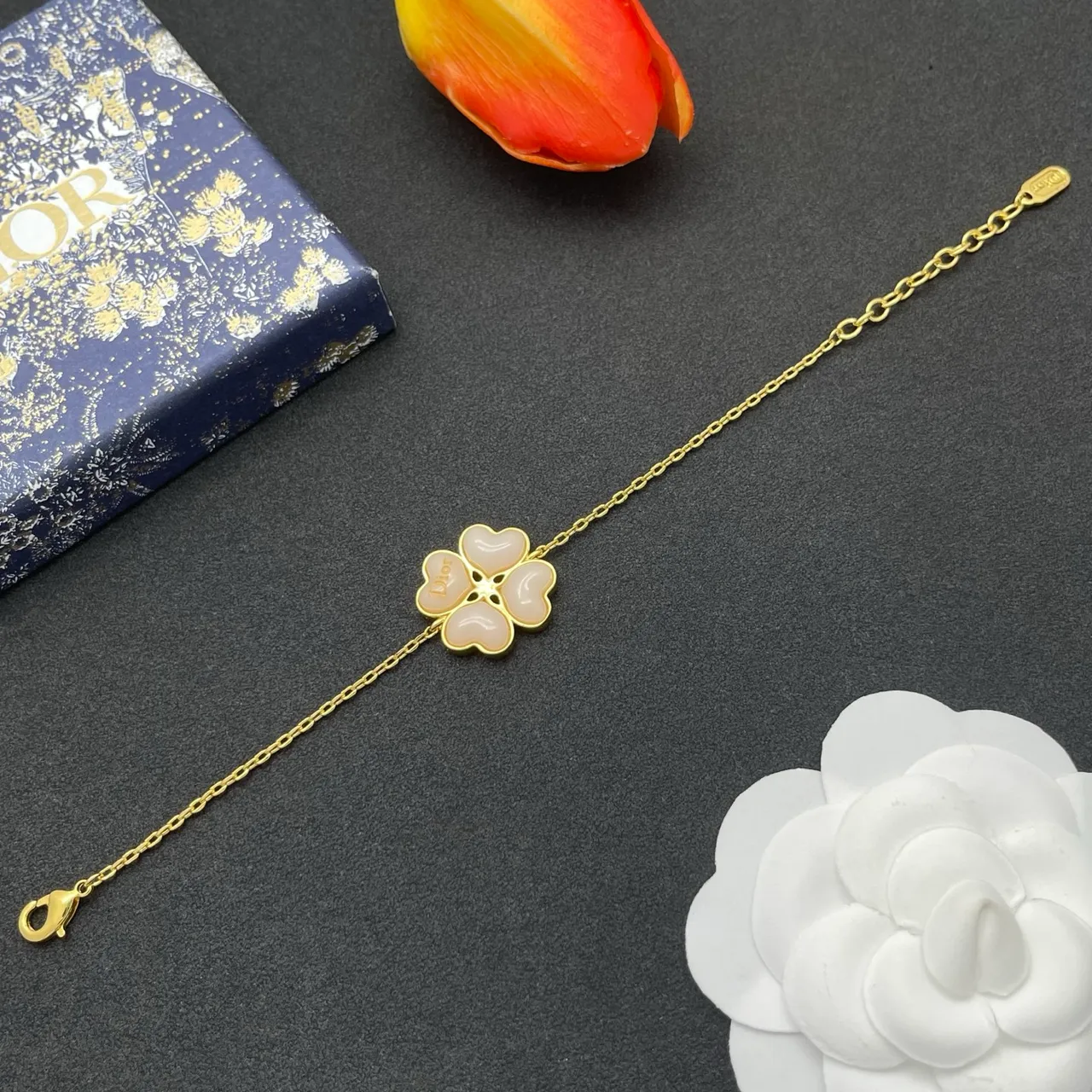 Dior Gold Beige Chain Four-Petal Heart Floral Pendant Bracelet 8