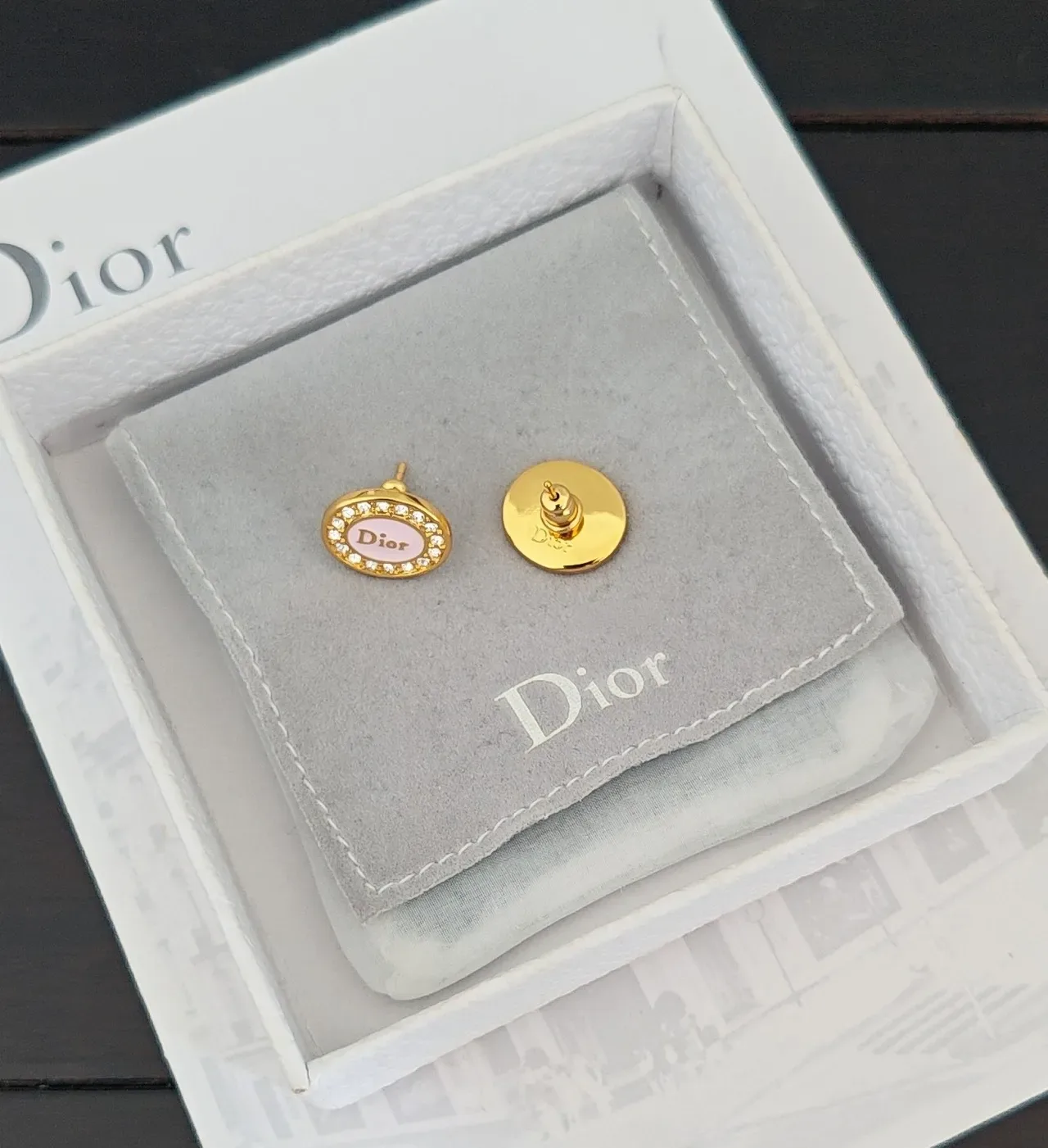 Dior Gold Pink Oval-Shaped Pavé-Crystal Bordered Earrings 2
