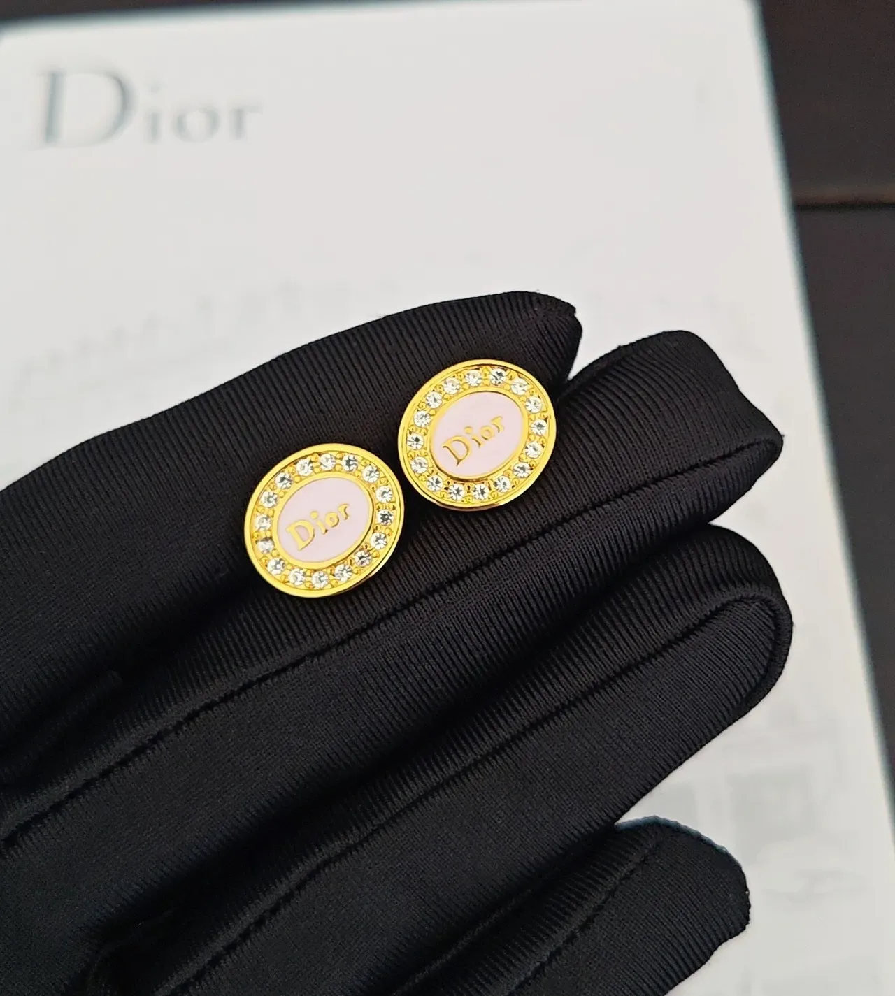 Dior Gold Pink Oval-Shaped Pavé-Crystal Bordered Earrings 4