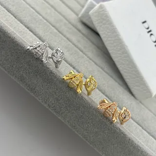 Dior Gold Silver Bee Motif Leaf Earrings