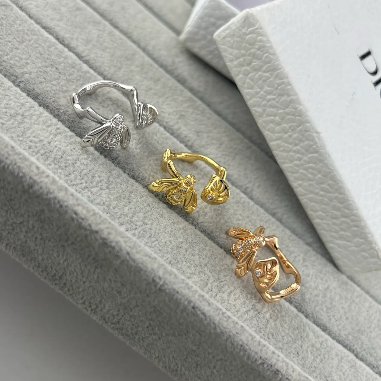 Dior Gold Silver Bee Motif Leaf Earrings 6