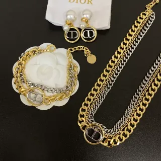 Dior Gold Silver Double-Chain Layered Logo Medallion Necklace