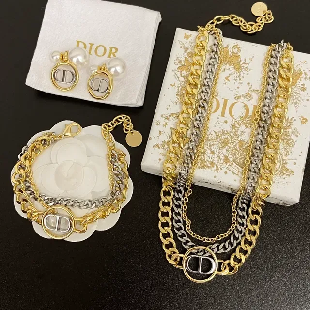 Dior Gold Silver Double-Chain Layered Logo Medallion Necklace 2