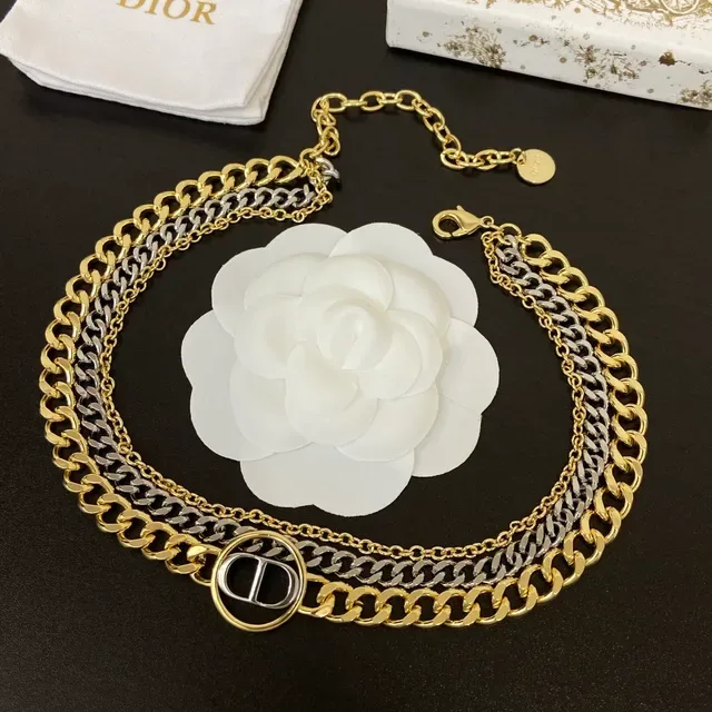 Dior Gold Silver Double-Chain Layered Logo Medallion Necklace 3