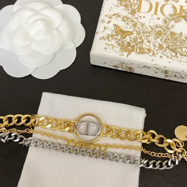 Dior Gold Silver Double-Chain Layered Logo Medallion Necklace 5