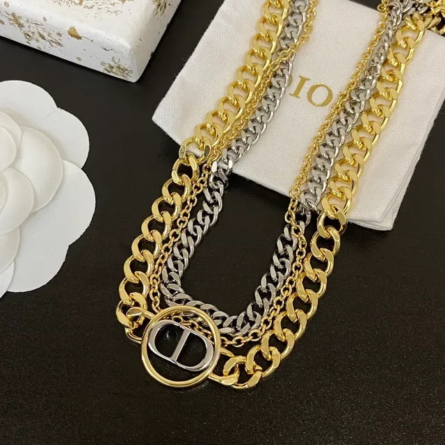 Dior Gold Silver Double-Chain Layered Logo Medallion Necklace 6