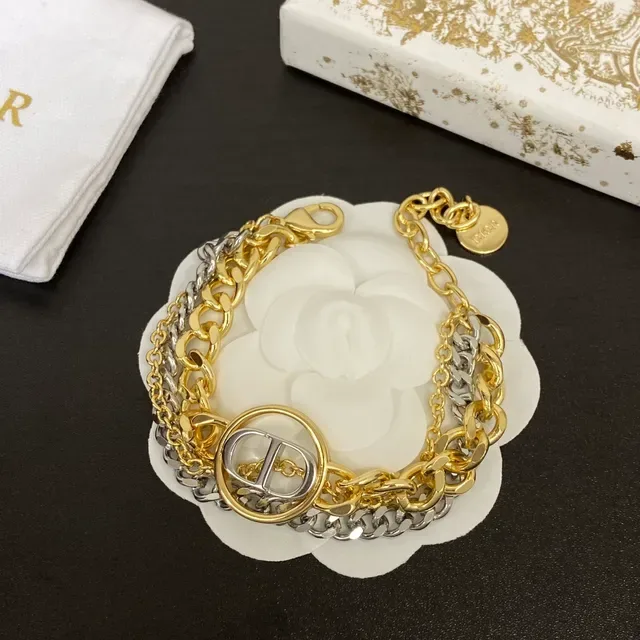Dior Gold Silver Double-Chain Layered Logo Medallion Necklace 7