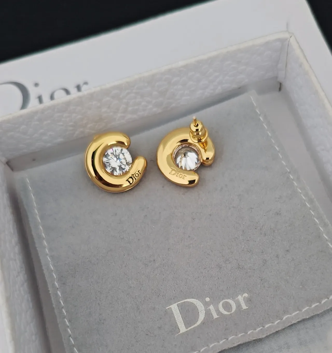 Dior Gold-Tone Crystal C-Shaped Stud Earrings 2
