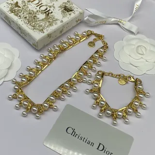 Dior Gold White Multi-Tiered Pearl Fringe Chain-Link Necklace
