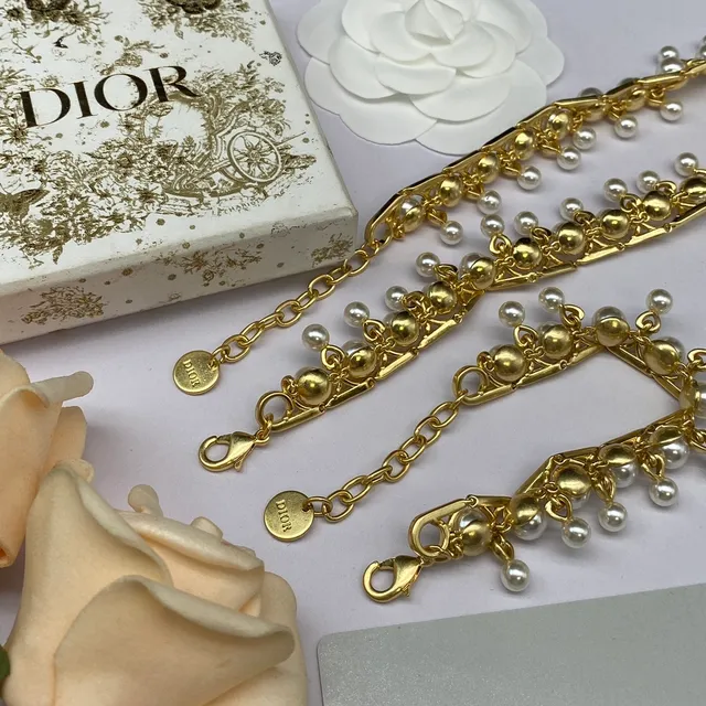 Dior Colar Dourado Branco Multi-Nível Pérola Franja Corrente com Elos 2