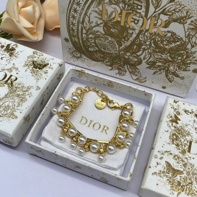 Dior Colar Dourado Branco Multi-Nível Pérola Franja Corrente com Elos 3