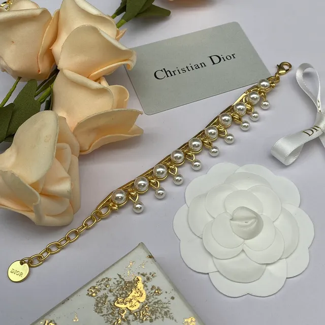 Dior Colar Dourado Branco Multi-Nível Pérola Franja Corrente com Elos 4