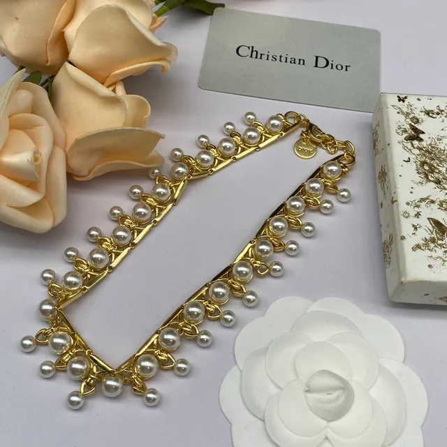 Dior Colar Dourado Branco Multi-Nível Pérola Franja Corrente com Elos 5