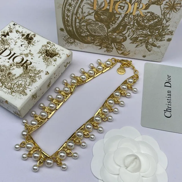 Dior Colar Dourado Branco Multi-Nível Pérola Franja Corrente com Elos 6