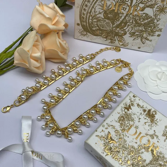 Dior Colar Dourado Branco Multi-Nível Pérola Franja Corrente com Elos 7