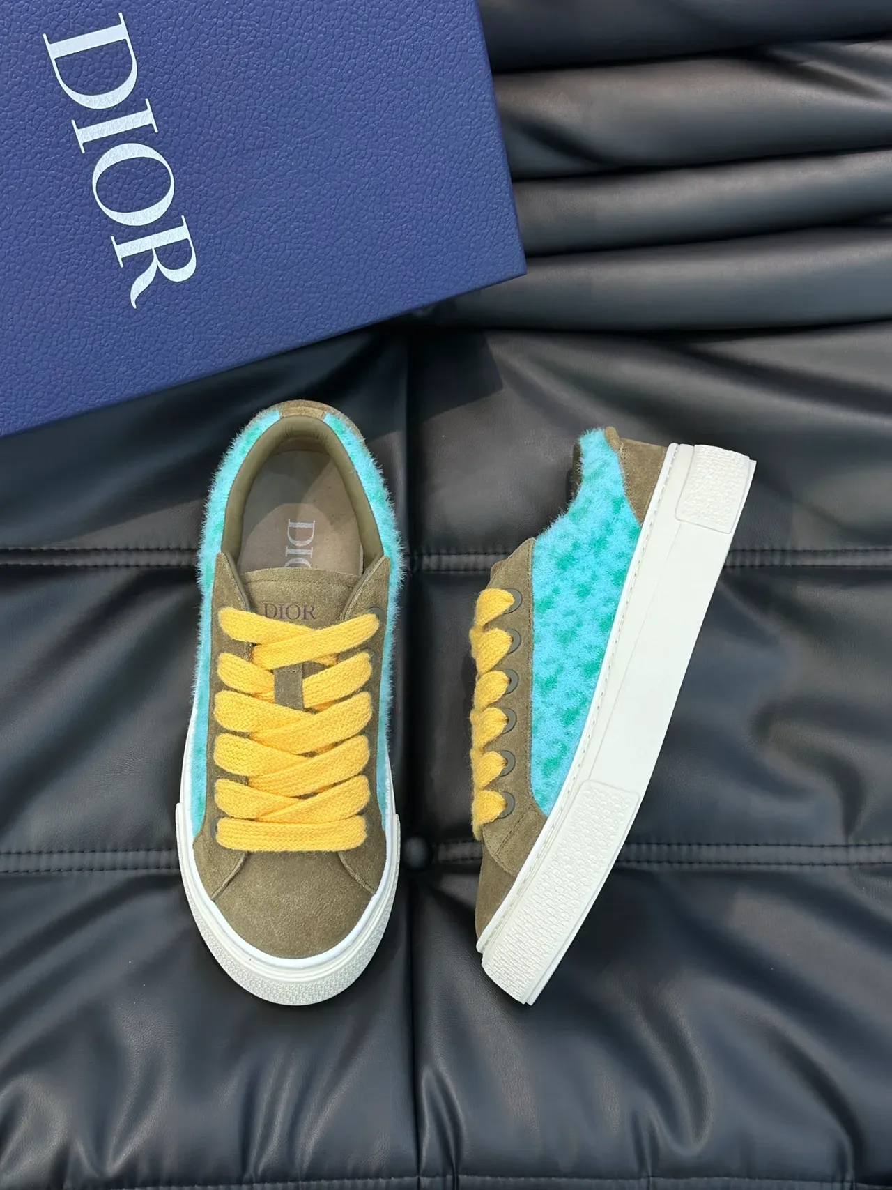Dior Green Blue Olive Suede Upper Turquoise Fuzzy Side Panel Sneakers 4