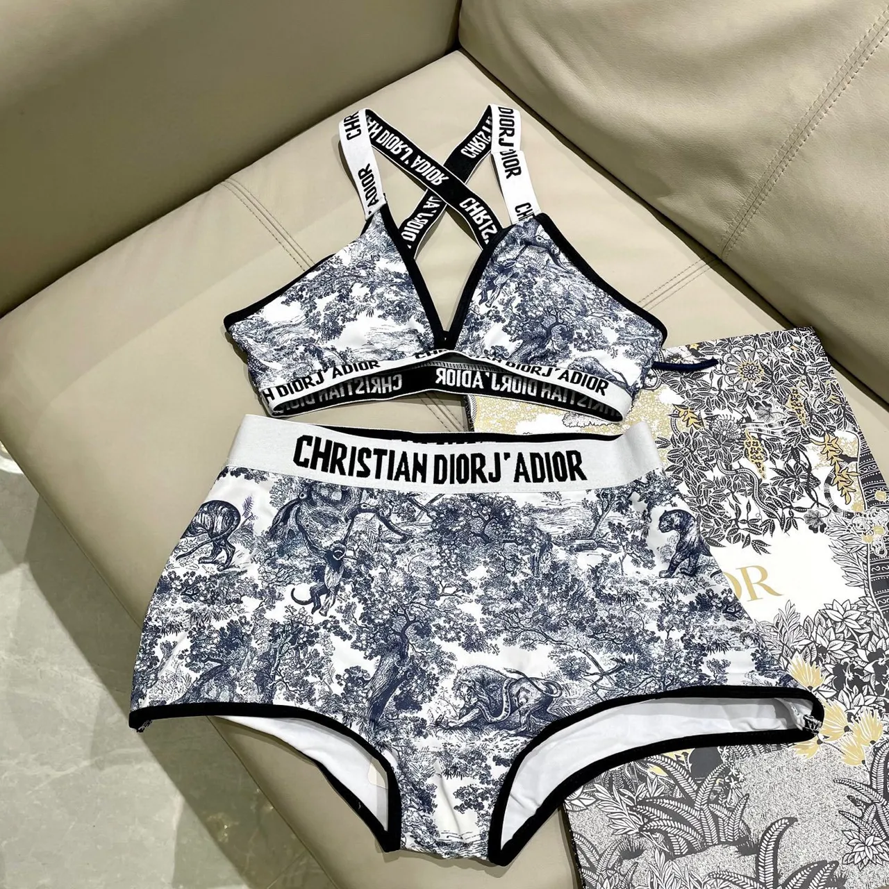 Dior J'Adior White Navy Toile De Jouy Print Crisscross Back Straps Underwear 2