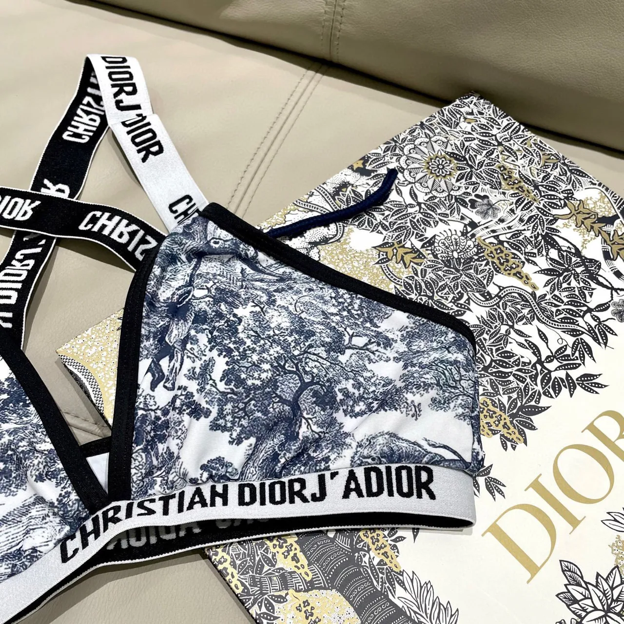Dior J'Adior White Navy Toile De Jouy Print Crisscross Back Straps Underwear 3