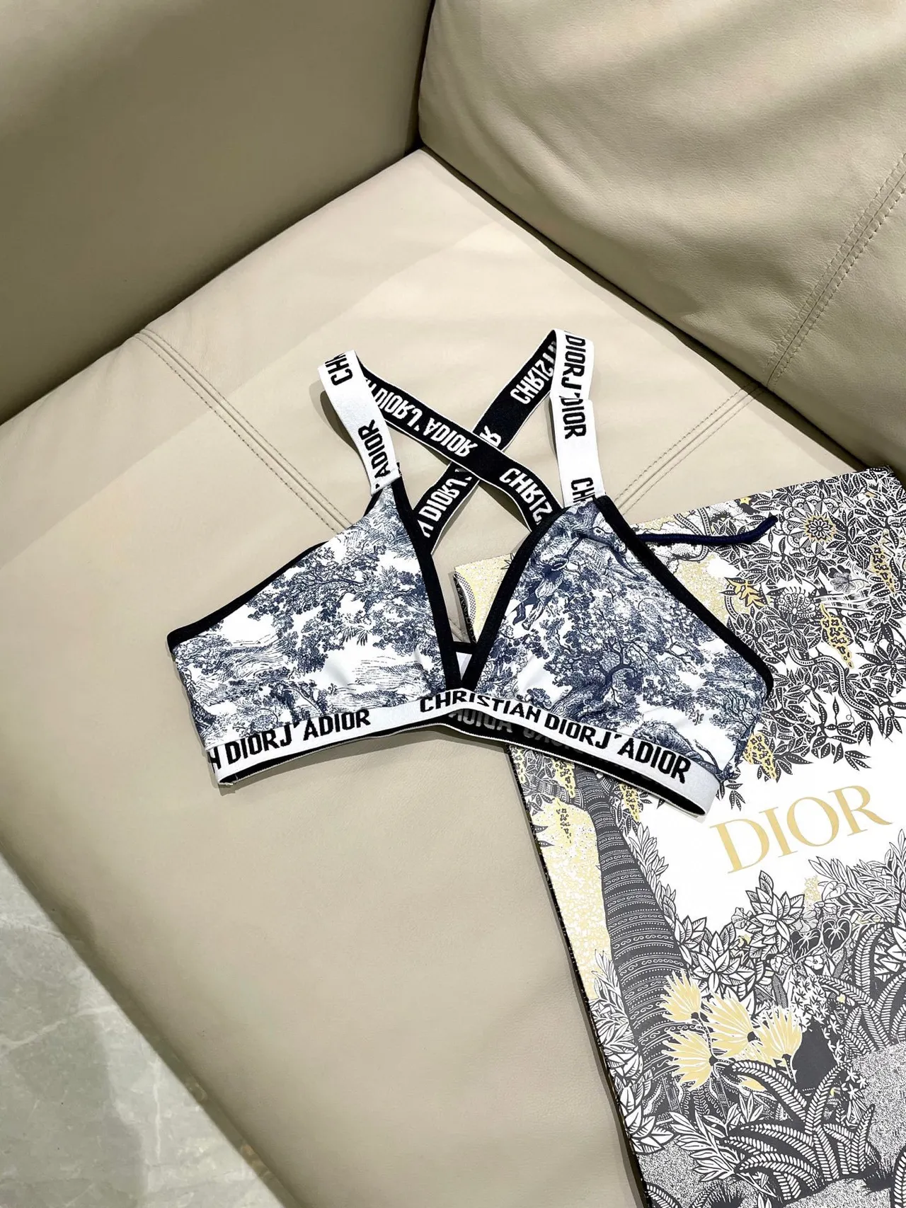 Dior J'Adior White Navy Toile De Jouy Print Crisscross Back Straps Underwear 4
